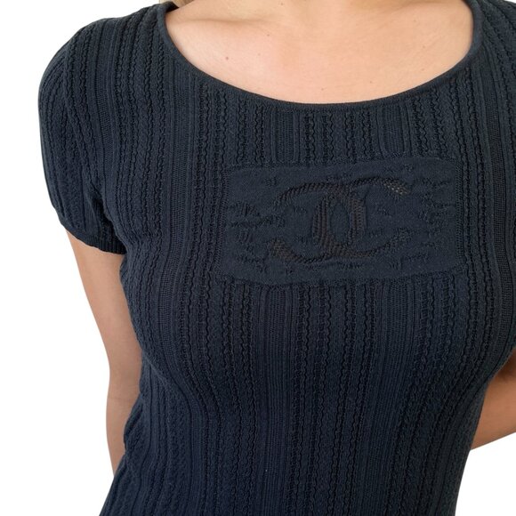 CHANEL Vintage 04P CC Mark Logo Mesh Knit T-shirt Top #38 Black Cotton  [106484] - Picture 3 of 10
